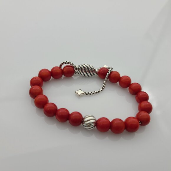 David Yurman Spiritual Bead Bracelet Sterling Silver with Red Coral and Silver - Picture 2 of 4